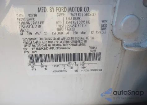 2020 Ford Explorer Xlt from USA, damaged, VIN 1FMSK8DH8LGB94432